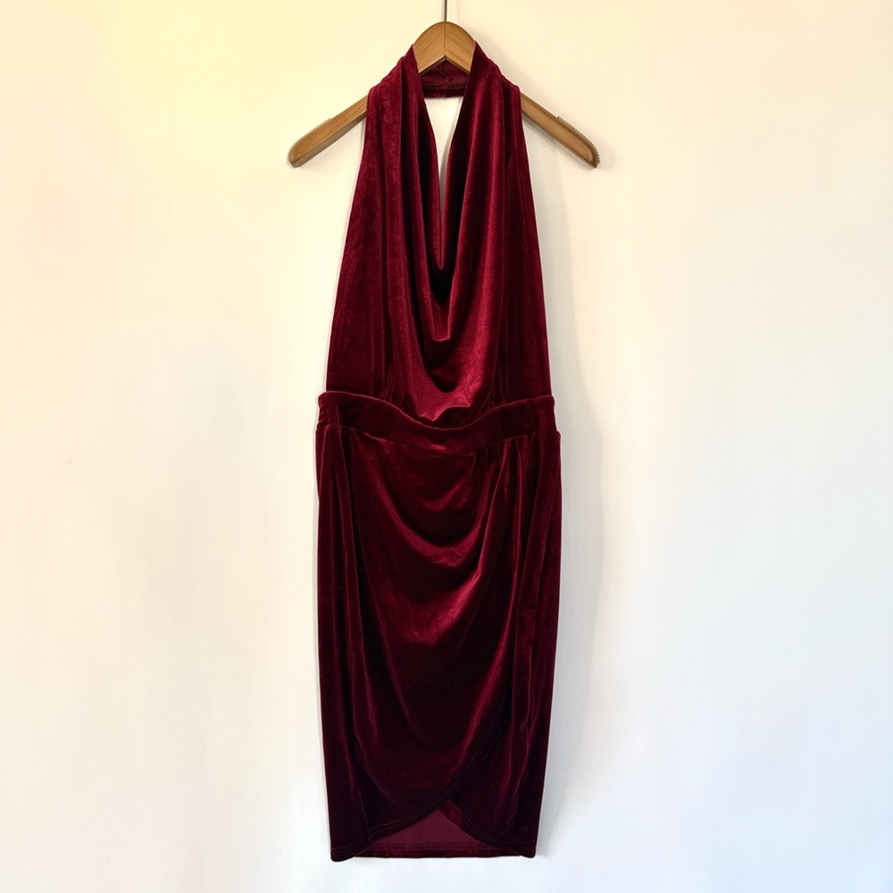 Burgundy Velvet Halter Draped Dress